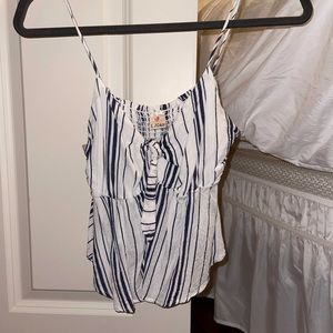 White and navy tie front cami top